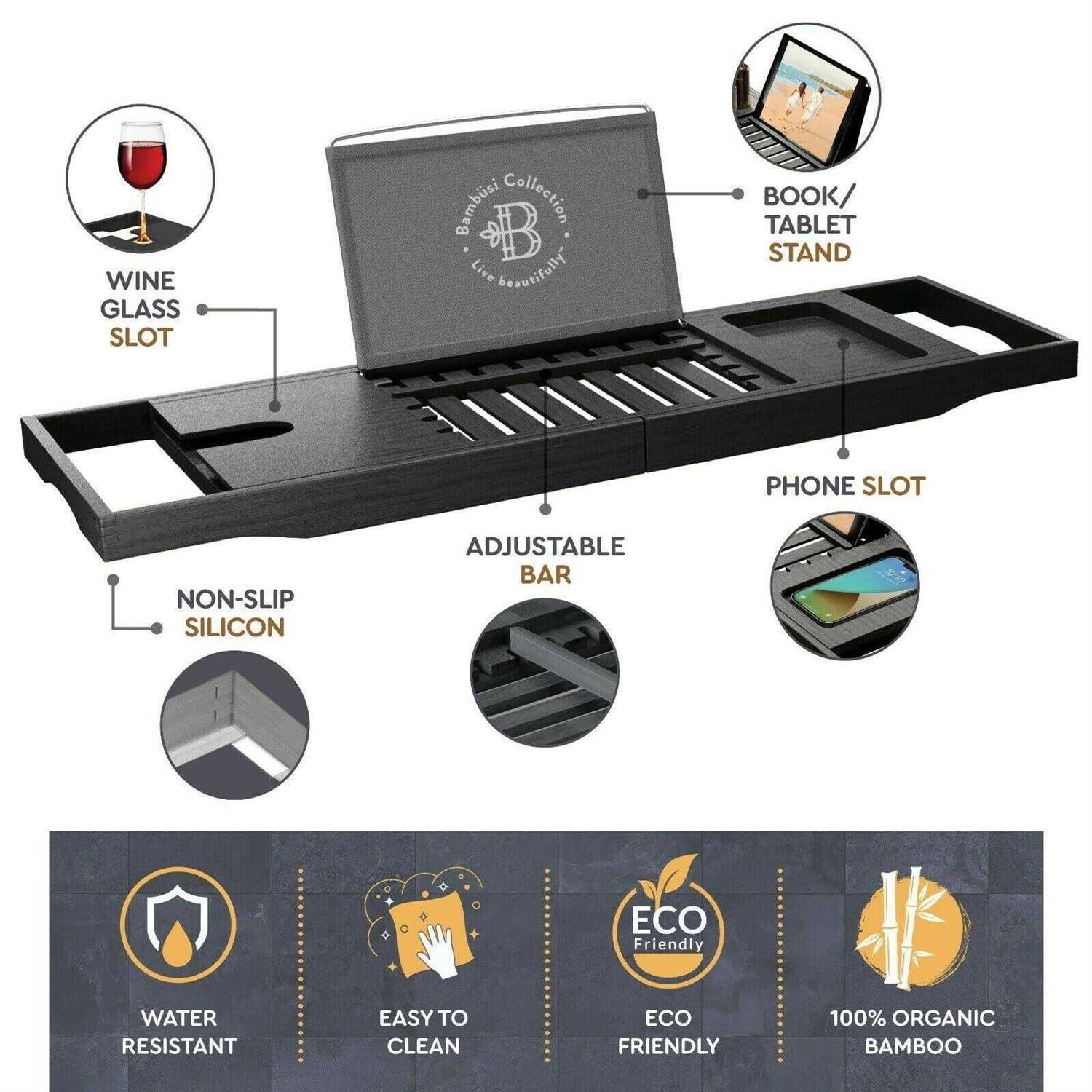 Bambusi Bathtub Caddy with Extendable Sides, Wine Glass Holder, Book Stand and Phone Tray - Image 5