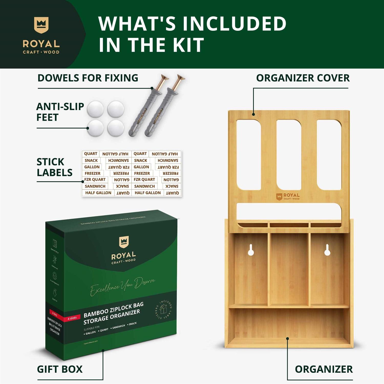 Bamboo Ziplock Bag Storage Organizer for Kitchen Drawer & Wall Mount 4 in 1 - Image 3