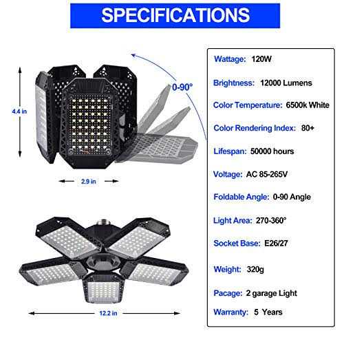 Mefflypee 2 Pack LED Garage Lights 120W Deformable LED Garage Ceiling Lights with 5 Adjustable Panels - Image 3