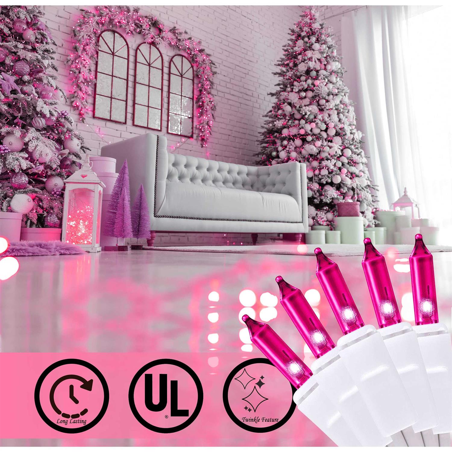 Holiday Essence Pink Christmas String Lights 100 Mini Fairy Lights Set White Wire 20.6 Ft Traditional Valentines Easter Holiday Décor for Home - Image 3