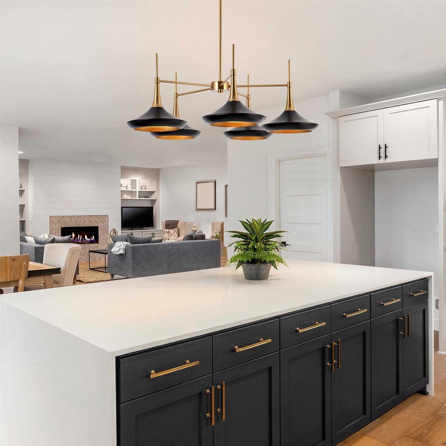 LNC Conia Mid-Century Modern 5-Light Wheel Chandelier Black Gold 33-in Pendant Lights for Dining Room L77FUFV85C538C - Image 5