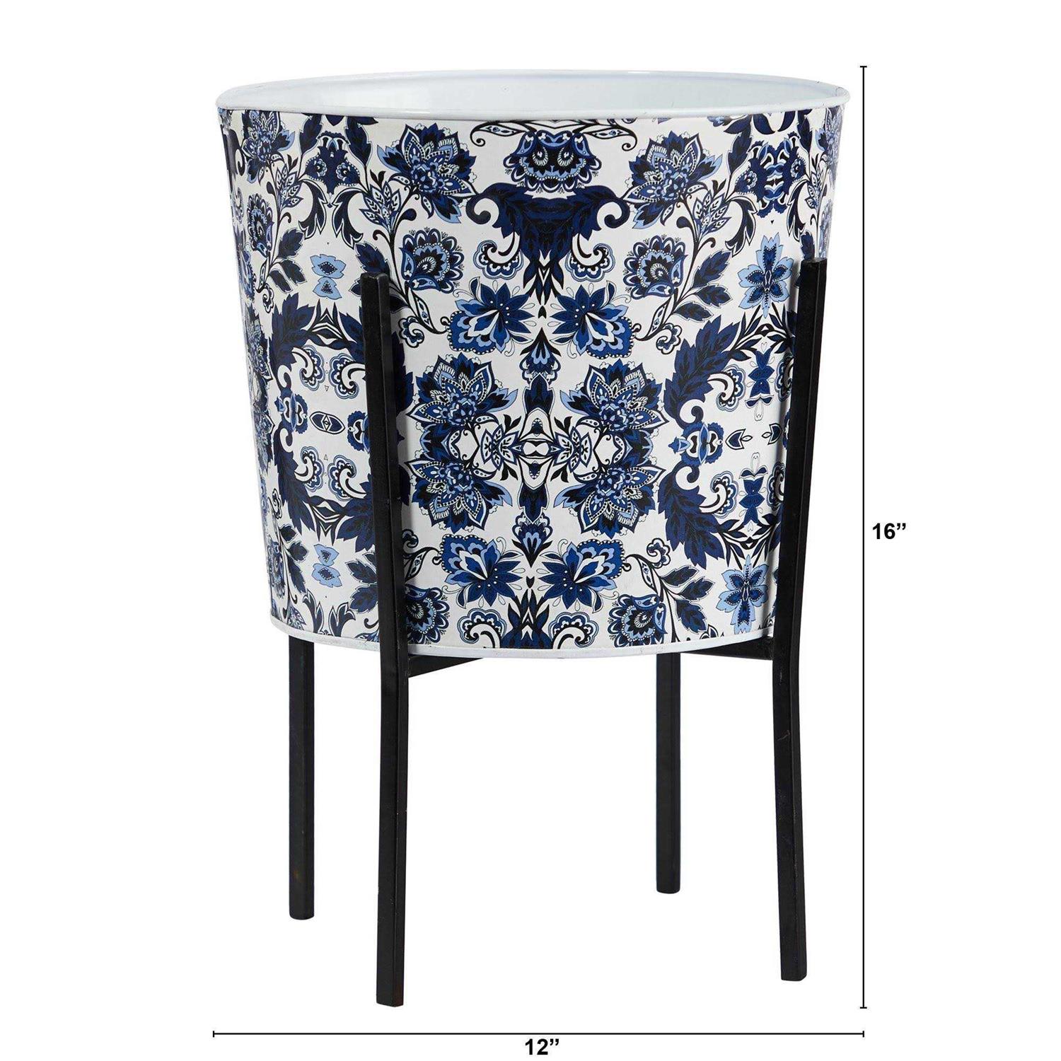 Nearly Natural Oriental Blue and White Classic Round Metal Planter - Image 3